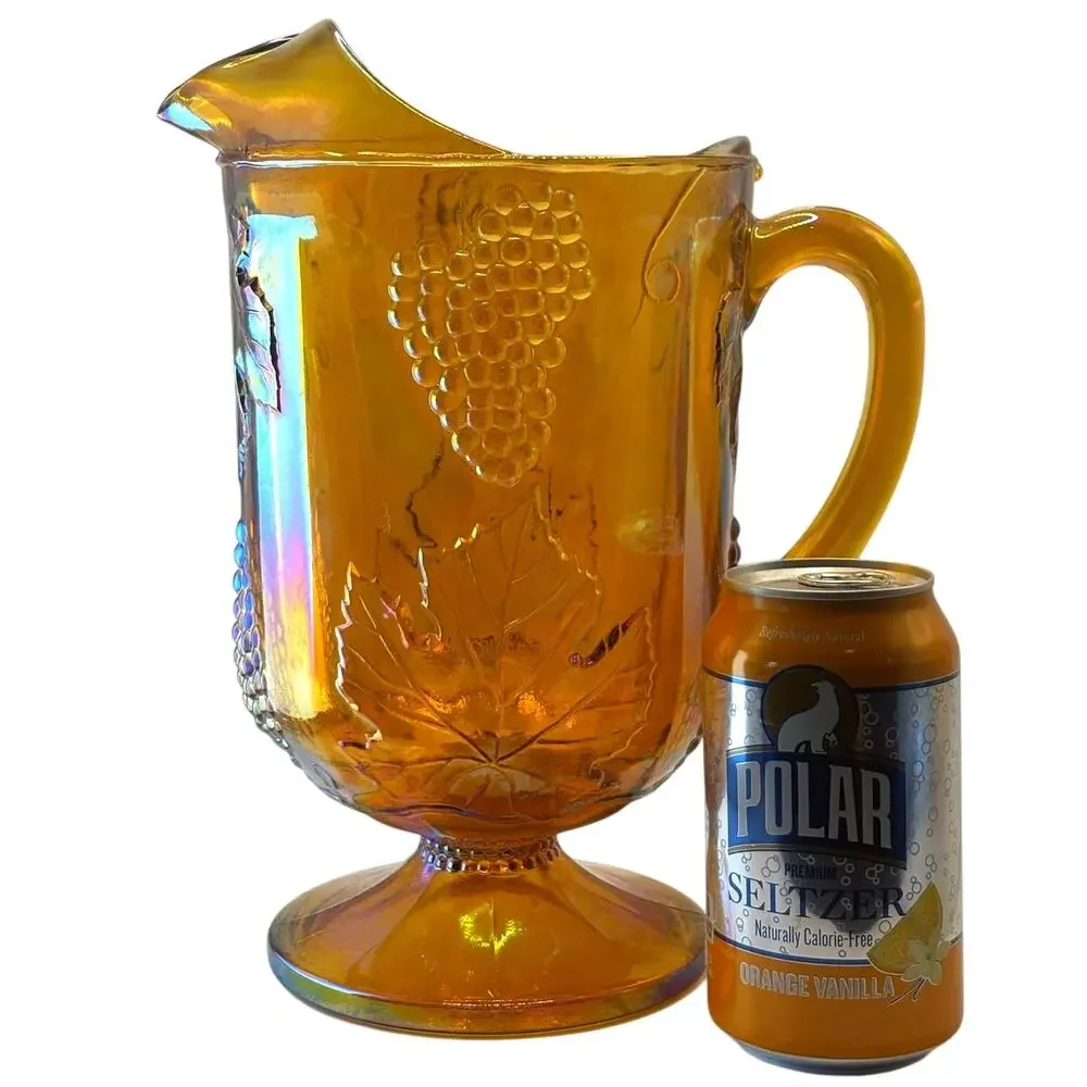 VTG 1970's Indiana Glass Pitcher in Harvest Grapes Pattern, Amber Carnival Glass
